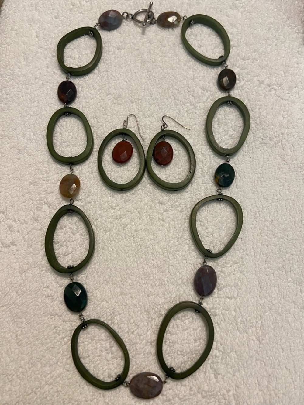925 Dyed Green Bone Beaded Oval Link Necklace agate stones matching earrings